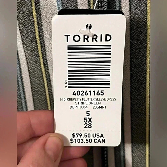 NWT Torrid Midi Dress Women 5X Stripe Crepe Studio Flutter Slv Green Tie Waist - Picture 5 of 6